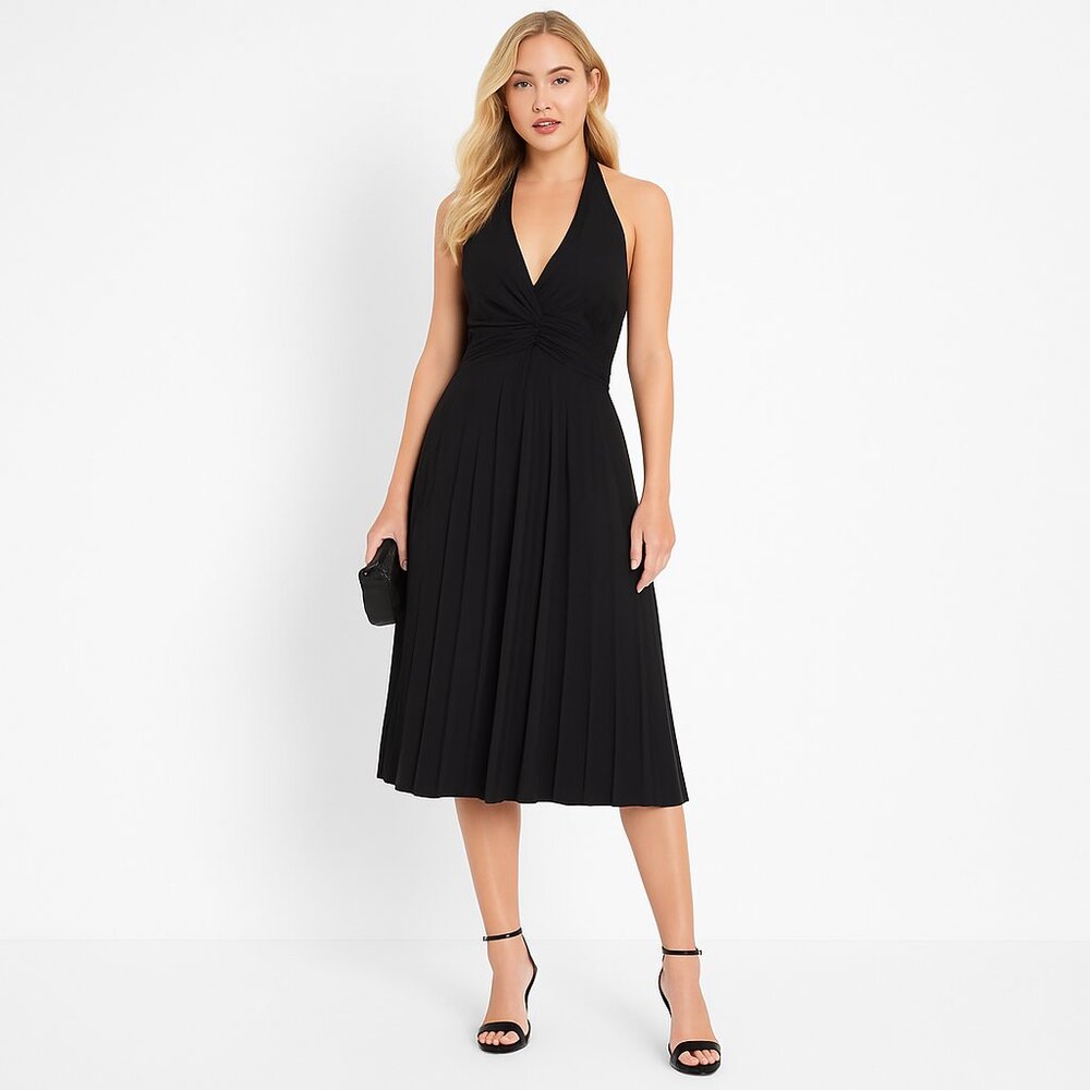 My Michelle Black Pleated Halter Midi Dress Size Large Elegant Classic LBD